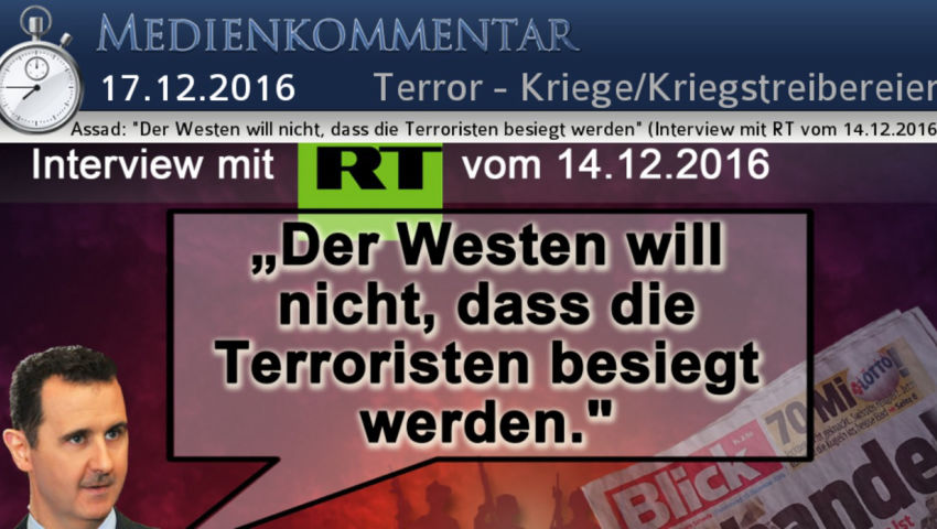 Assad: 'Der Westen will nicht, dass die Terroristen besiegt werden' (Interview mit RT vom 14.12.2016